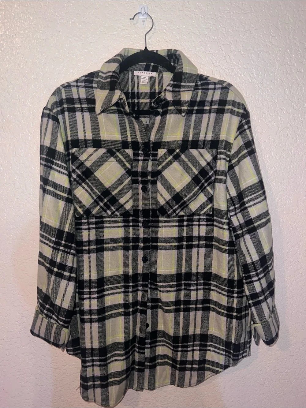 Topshop Black & Light Green Plaid Button-Down Shacket